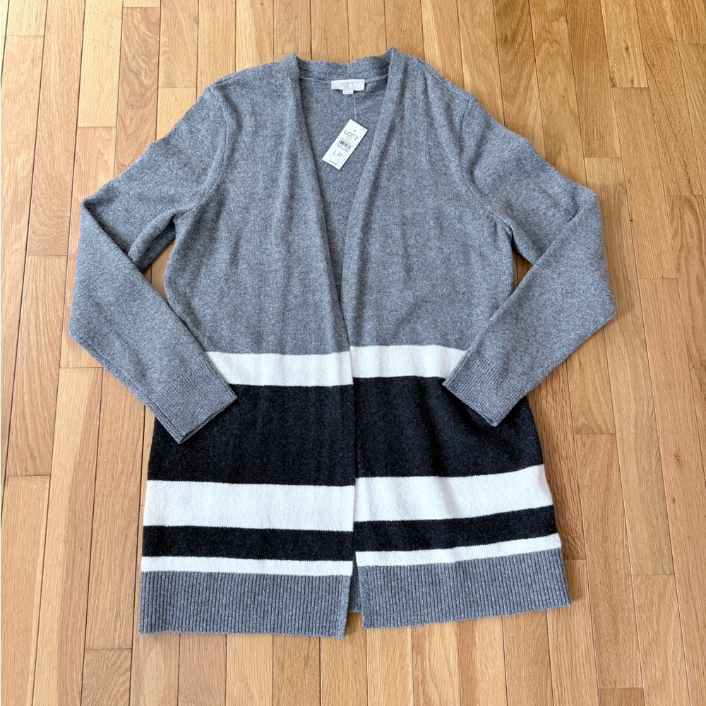 LOFT Gray and Black Striped Long Cardigan Large Petite